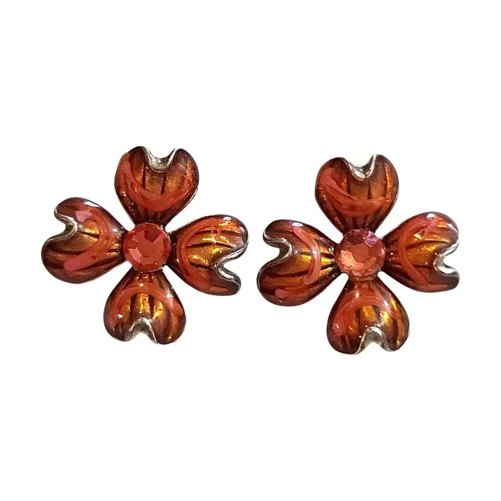 Vintage Chicos Orange Enamel Rhinestone Flower Earrings